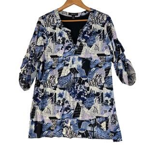 Style & Co Blue Ephemera Print‎ Blouse Womens XL Sheer Lined Office Casual Top